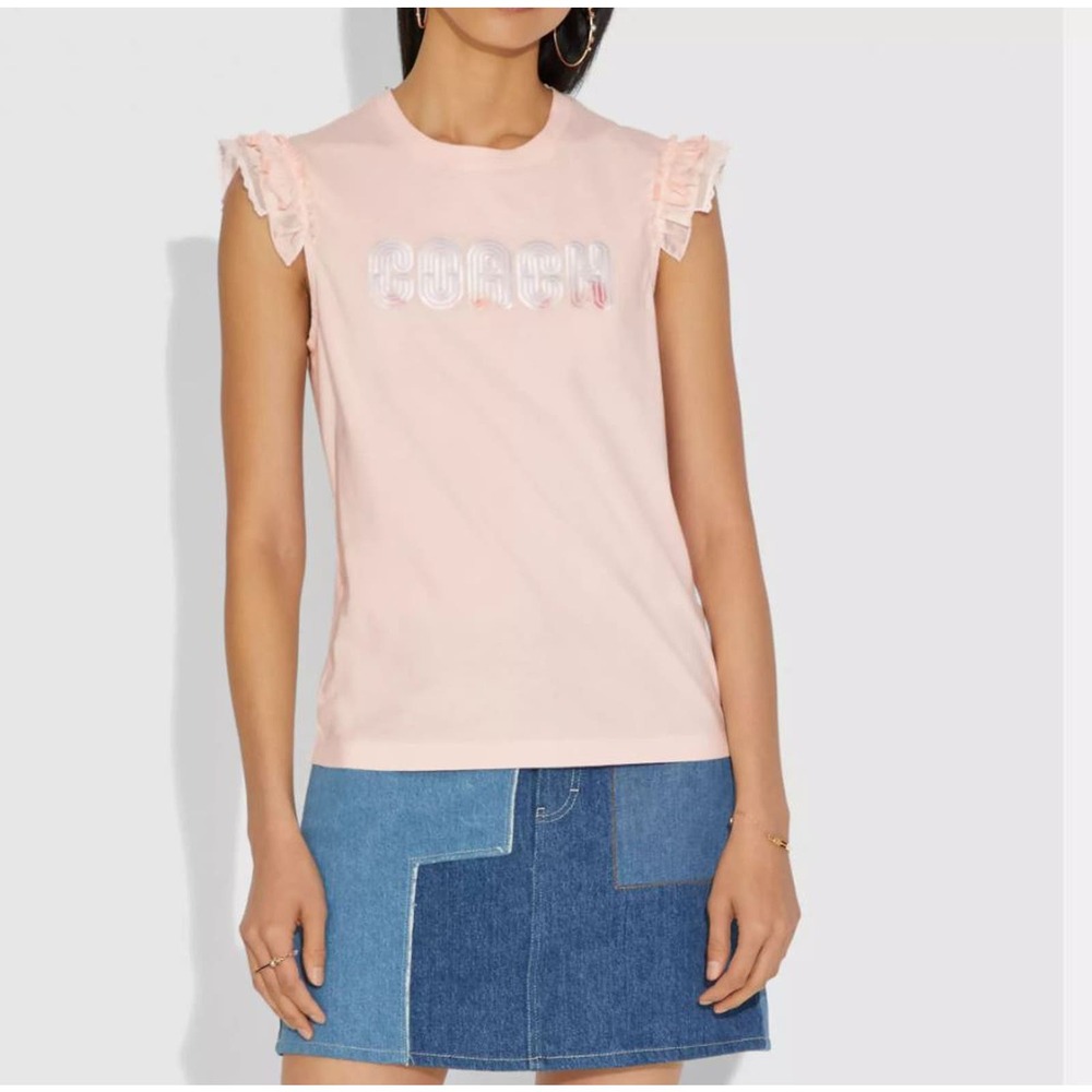 NWT! Coach Print T Shirt With Embroidered Cap Sleeves